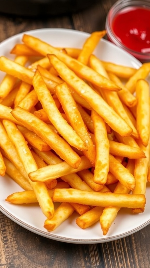 Crispy Air Fryer French Fries Recipe Crispy air fryer French fries served with ketchup on a rustic wooden table.
